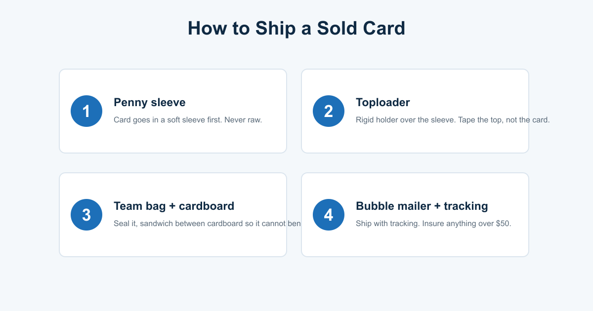 Four steps to ship a sold hockey card safely: penny sleeve, toploader, team bag with cardboard, and tracked bubble mailer